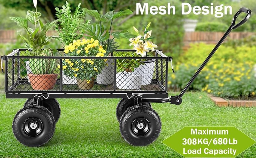 Homdox Steel Garden Cart 680 lbs Capacity Heavy Duty Garden Wagons,with Removable Steel Mesh Sides to Convert into Flatbed,Utility Metal Wagon w/ 180°Rotating Handle (Black, 680lbs)