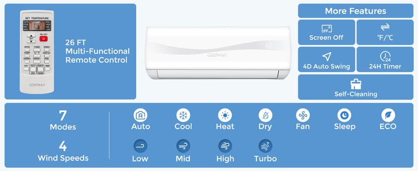 COSTWAY 9000BTU Mini Split Air Conditioner& Heater, 17 SEER2 208-230V Wall-Mounted Ductless AC Unit Cools Rooms up to 450 Sq. Ft, Energy Efficient Inverter AC with Heat Pump (Blast Series)