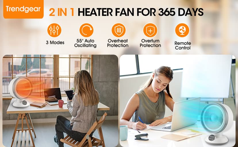 2 in 1 Heater Fan Combo, 1500W Portable Space Heater with Adjustable Temperature, Electric Cooling Fan with Oscillating,Overheat & Tip-Over Protection, Ideal for Home & Office Use