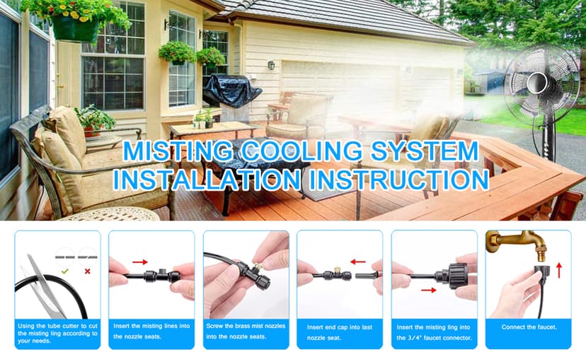 Misting Systems, Misters for Outside Patio, 100FT Misting Cooling System+30 Brass Mister System+2 PE Antioxidant Adapters 3/4"+2 Tee Adapters+2 90 Degree Elbows for Pasture, Garden, Greenhouse, Gazebo