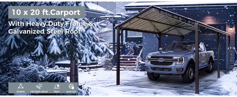 GREEN PARTY 10 x 20 ft Metal Carport Kits with Galvanized Steel Roof, Heavy Duty Metal Carport Canopy, Outdoor Car Tent Metal Garage Shelter for Car, SUV, Truck and Boats, Grey