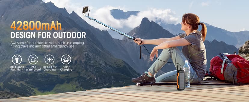 Power-Bank-Solar-Charger - 42800mAh Portable Charger,Solar Power Bank,External Battery Pack 5V3.1A Qc 3.0 Fast Charger Built-in Super Bright Flashlight (Orange)