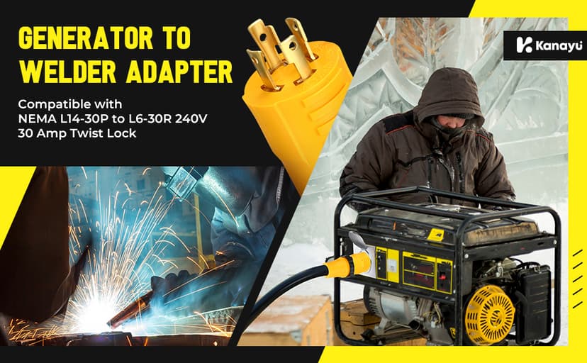 Kanayu Generator to Welder Adapter Compatible with Nema L14-30p to 6-50r 30 Amp 4 Prong Lock Male Plug to 3 Prong Female Receptacle Adapter Dryer Ev Charger Power Cord Connector 250v(Yellow)