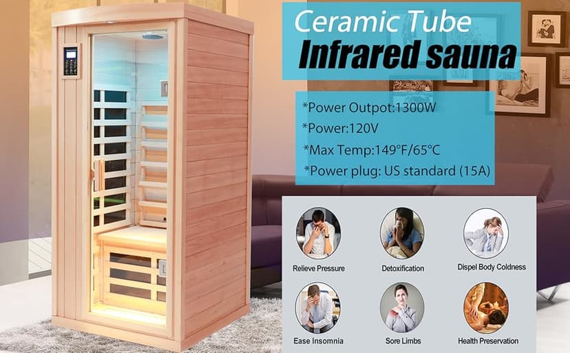 Ceramic 1 Person Infrared Sauna Far Infrared Saunas for Home Hemlock Wood Indoor Sauna Room 2 in 1 Sauna with Low EMF Heaters + Ceramic Heating Cube-Chromotherapy-Bluetooth Speaker