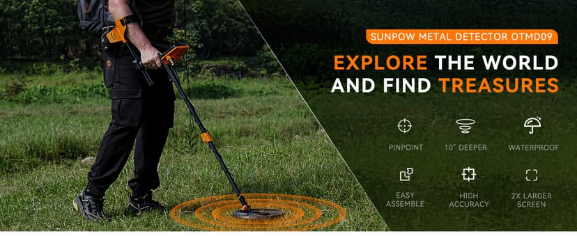SUNPOW Metal Detector for Adults Professional - Waterproof Higher Accuracy 5 Modes Gold Metal Detector with Strong Anti-Interference, Advanced DSP Chip, 11" Detection Depth - OTMD09
