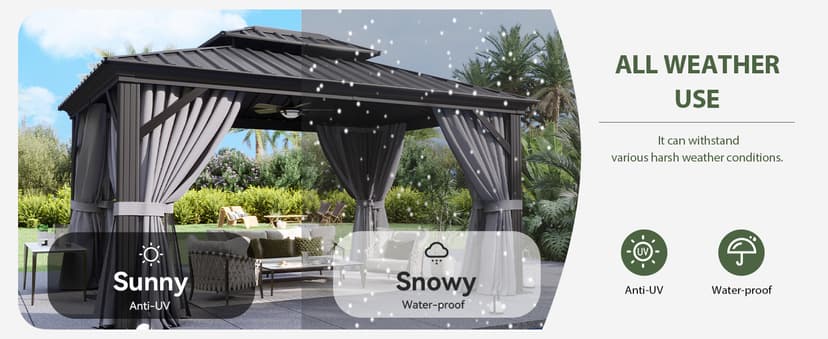 Aoxun 10'x12' Hardtop Gazebo, Aluminum Frame Canopy with Double Galvanized Steel Roof, Outdoor Metal Pavilion with Netting, Curtains for Backyard, Patio and Deck