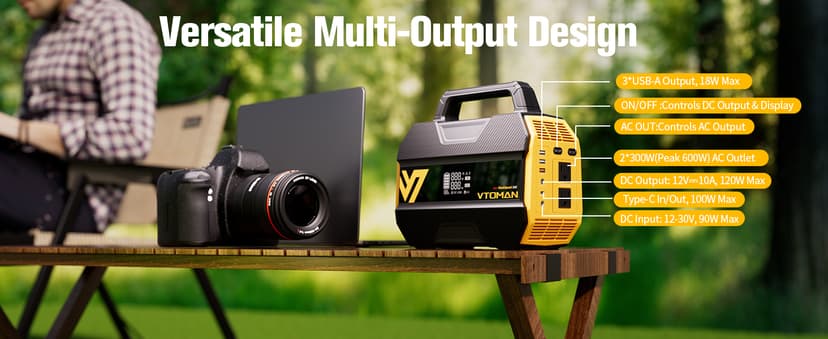VTOMAN FlashSpeed 300 Portable Power Station 70000mAh, Only 7.4lbs with 7 Outlets, LiFePO4 Generator with Up to 600W AC Outlet, 12V/24V DC Input Adapt RV/Van, PD 100W Type-C for Power Outage, Camping