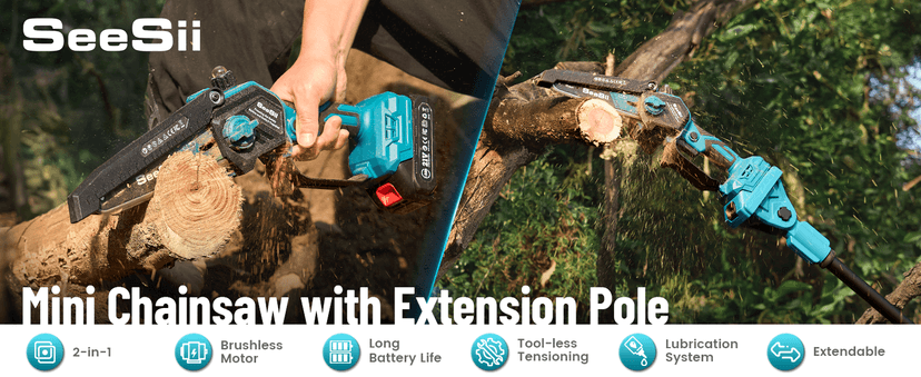 Seesii PS620 2-in-1 Electric Pole Saws: 6 Inch Mini Chainsaw Cordless with Extension Pole, 2Pcs Batteries, Brushless Chain Saw for Limb Branch Cutter, Battery Tree Trimmers Pruner,16Ft Long Reach