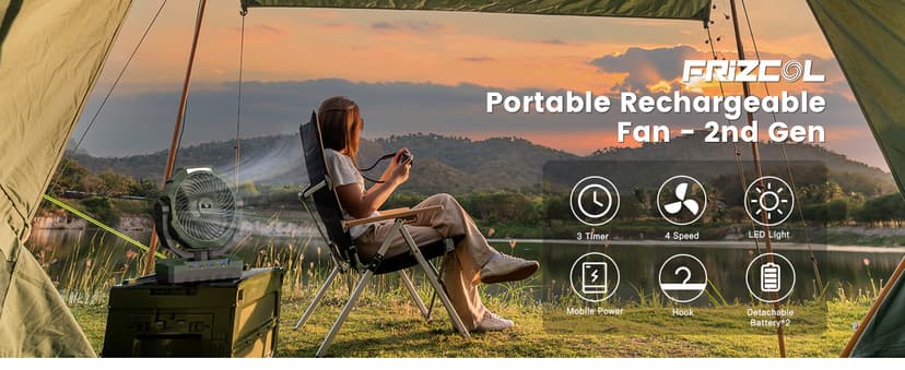 FRIZCOL 3-in-1 Camping Fan - Portable Fans Rechargeable - 24000mAh 9-Inch Battery Powered Fan(140Hrs) with Light & Remote for Indoor, Outdoor, Tent, Travel, BBQ, Fishing, Jobsite - Green
