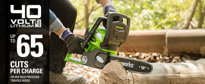Greenworks 40V 12" Cordless Compact Chainsaw (Great For Storm Clean-Up, Pruning, and Camping), 2.0Ah Battery and Charger Included