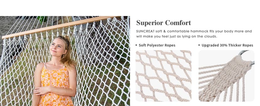 SUNCREAT Hammocks Traditional Rope Double Hammock with Hardwood Spreader Bar and Carrying Bag, 450 lbs Capacity, Natural