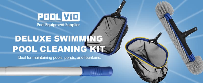 Poolvio 5-in-1 Pool Cleaning Kit - Includes Semi-Deep Skimmer Net, Aluminum Leaf Rake, 20' Pool Brush with 13ft Adjustable Pole
