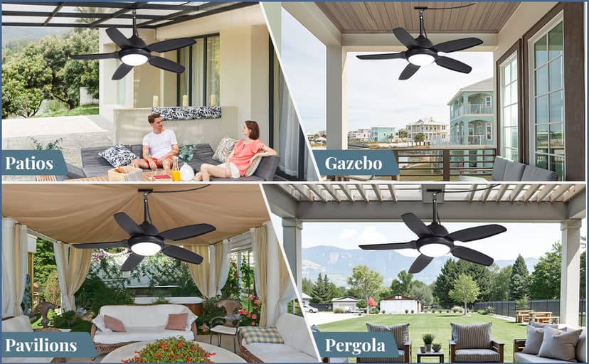 42 Inch Waterproof Outdoor Ceiling Fan with Lights and Remote,IP65 Hanging Gazebo Fan with 3CCT 6-Speed DC Motor,Black Wet Rated Plug in Ceiling Fan with Cord for Patios Porch Pergola