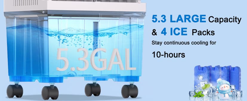 Swamp Cooler,1800CFM Portable Evaporative Air Cooler,Cooling Fan for Room Garage Patio,5.3 Gal Water Tank,3 Speeds,4 Ice Boxes,12H Timer,Remote