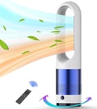 Bladeless Heater and Fan Combo, 1400 Watt Heater Fan and 40 Watt Cold Fan, 80° Oscillating Fan, All the Season Use, Remote and Touch Control, Floor Tower fan, Office Room, Bedroom, Blue White