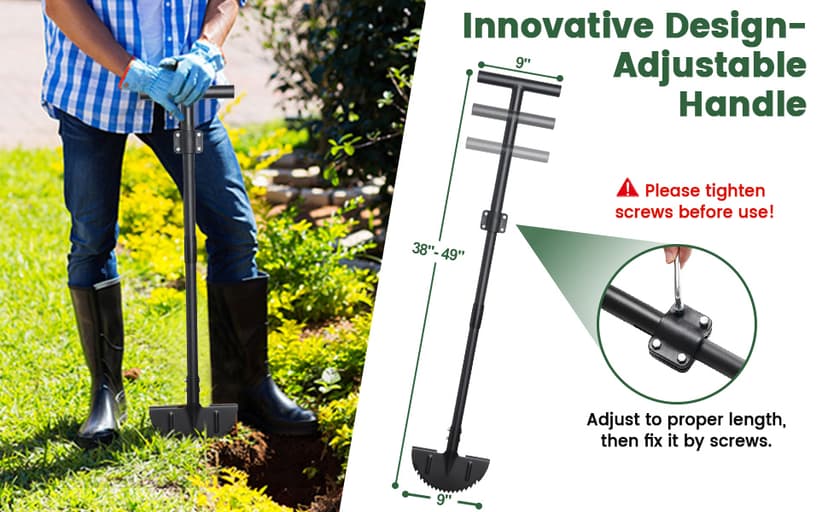 Edger Lawn Tool, Sharp Saw-Tooth Half Moon Hand Lawn Edging Tool for Landscaping, Adjustable 49" Long Handle Manual Edgers with T-Grip for Sidewalk Yard Garden Flower Bed Border Cable Burying