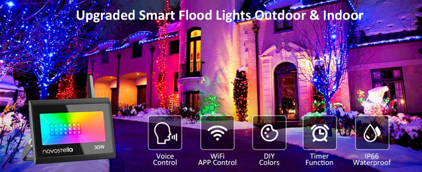 NOVOSTELLA LED Flood Lights Outdoor, 30W RGB Smart LED Flood Lights, Second-Generation WiFi Landscape Lighting Stage Dimmable Color Changing Uplight, IP66 Waterproof, Work with Alexa, 4 Pack.