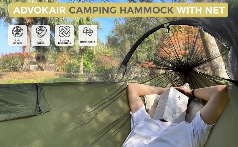 ADVOKAIR Camping Hammock with Mosquito Net Up to 500lbs, Ultralight and Portable Nylon Travel Hanging Hammock with Tree Straps, Perfect for Outside, Backpacking, Hiking and Backyard