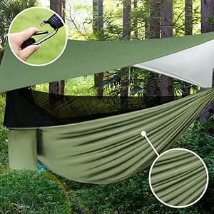 Camping Hammock - Hammocks with Mosquito Net Tent and Rain Fly Tarp, Portable Single & Double Nylon Parachute Hammock with Heavy Duty Tree Strap, Indoor Outdoor Backpacking Survival Travel