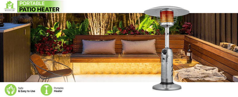 Magshion Portable Tabletop Patio Heater, 11,000 Btu Outdoor Heaters Stainless Steel Outside Gas Heater with Safety Tilt Switch and Burner Screen Guard for Commercial and Residential (Silver)