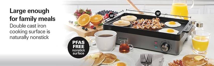 Hamilton Beach Professional Cast Iron Indoor Electric Grill & Griddle, 10" x 16" Preseasoned Cooking Surface, Adjustable Temperature up to 450° F, Black (38560)