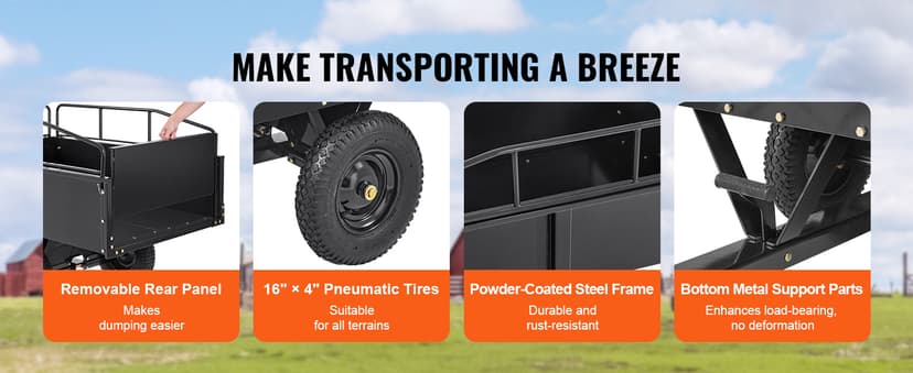 VEVOR Heavy Duty ATV Trailer Steel Dump Cart, 750-Pound 15 Cubic Feet, Garden Utility Trailer with Removable Sides for Riding Lawn Mower Tractor