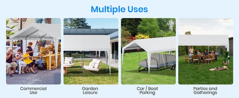 Carport 10x20 Heavy Duty Portable Garage,Galvanized Frame Carport Canopy,Portable Garages and Shelters with 8 Leg&4 Wind Rope,Car Tent Garage with All-Season Tarp for Boat Truck Bike,Without Sidewall