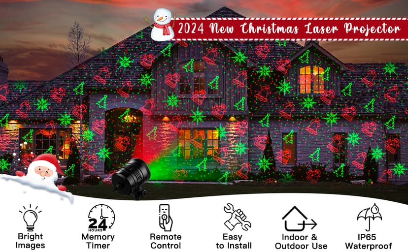 Christmas Projector Lights Outdoor, Waterproof Christmas Laser Lights Landscape Spotlight Decorative Stage Lights with Red and Green Xmas Patterns for Party Garden Patio Wall Ceiling Floor