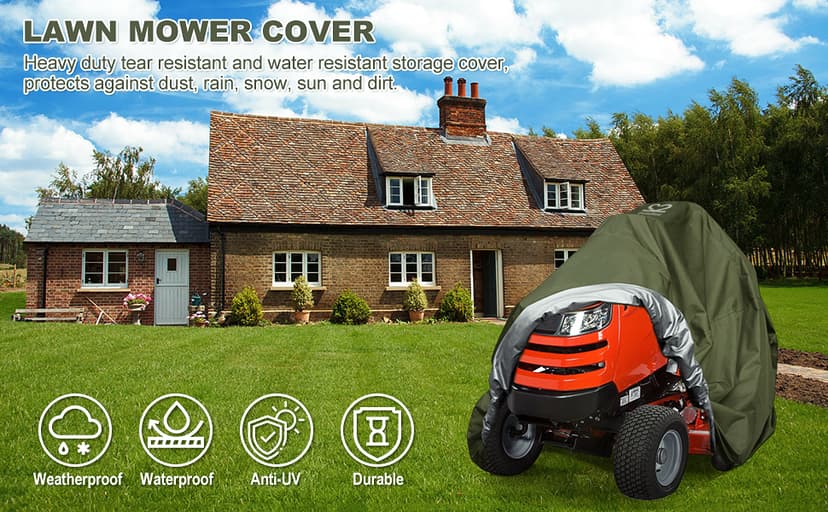 Riding Lawn Mower Cover, Heavy Duty 600D Oxford Outdoor Tractor Cover Waterproof UV Protection Lawn Mower Cover Fit Decks up to 54" with Elastic Cord & Storage Bag, Green