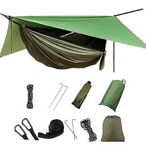 Camping Hammock with Rain Fly Tarp and Mosquito Net with Tree Straps,1/2 Person Portable Hammocks with Rain Cover for Indoor Outdoor Backpacking Hiking Travel Yard Activities Green