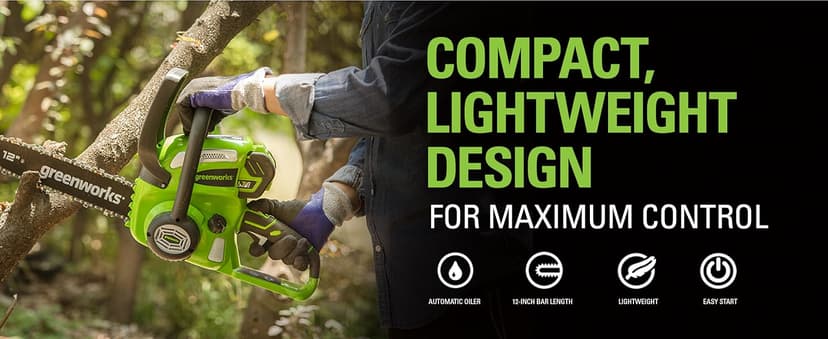 Greenworks 40V 12" Cordless Compact Chainsaw (Great For Storm Clean-Up, Pruning, and Camping), 2.0Ah Battery and Charger Included