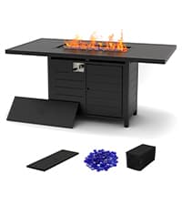 43" Propane Fire Pit Table Outdoor Rectangular Stone Firepit Table 50000 Btu Propane Fire Tables for Outside Patio with Glass Wind Guard, Lid, Fire Glass Beads, Pizzello Caldo (Gray Stone)