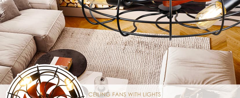 Asyko Caged Ceiling Fans with Lights - Black Outdoor Ceiling Fan with Remote and Reversible Fan Blades, Bladeless Low Profile Fan Light Fixtures for Indoor, Patios, Farmhouse(E26 Bulbs Not Included)