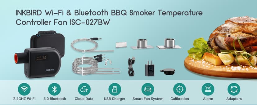 Wi-Fi & Bluetooth BBQ Smoker Temperature Controller with Automatic Smoker Fan, INKBIRD ISC-027BW Grill Thermometer with 4 Probes for Big Green Egg, Kamado Joe, Primo, Vision Grill, Akorn Kamado, Weber