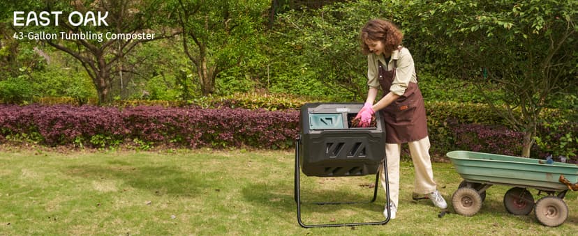 EAST OAK Compost Tumbler Outdoor, 43-Gal Dual Chamber Compost Bin with 2 Sliding Door and Aeration System, Tumbling Rotating Composter Bin for Kitchen, Garden, Yard