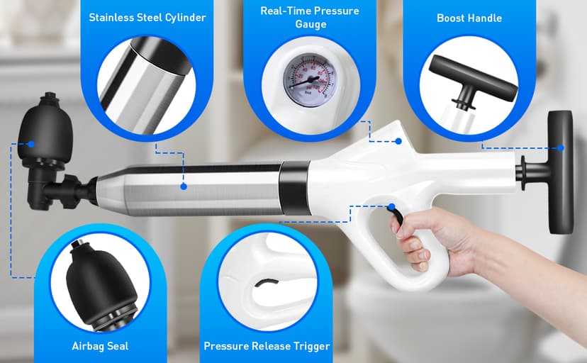 High Pressure Toilet Plunger, Air Drain Blaster Gun with Visual Barometer and Stainless Steel Plungers, Powerful Drain Clog Remover Tool for Sink, Toilet, Floor Drain - Heavy Duty Toilet Plungers
