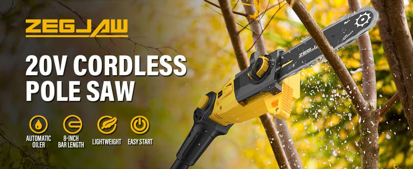 Pole Saw, 8-Inch Pole Saw for Tree Trimming Cordless 15-FT Max Reach, Auto Oiling, Tool-Less Electric Pole Saw, Tree Trimmer with Battery & Fast Charger