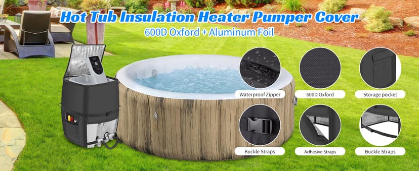 Hot Tub Spa Heater Pump Cover,Waterproof 600D Oxford Fabric Aluminum Film Insulated Cover,Inflatable Hot Tub Spa Heater Pump,Easy Installation with Zipper and Adhesive Straps,Black,Square