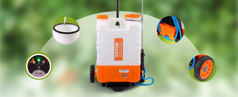 VEVOR 4 Gallon Battery Powered Backpack Sprayer with Wheeled Cart, Adjustable 0-94 PSI, 13FT Hose, 6 Nozzles, 2 Wands Included, Wide Mouth Lid for Weeding, Cleaning, Long Spray Time, White+Orange