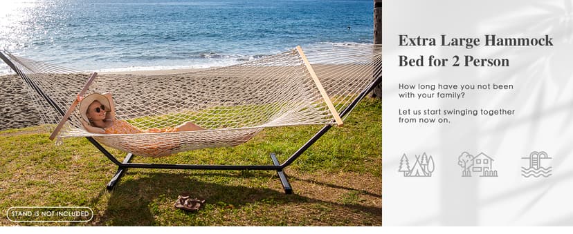 SUNCREAT Hammocks Traditional Rope Double Hammock with Hardwood Spreader Bar and Carrying Bag, 450 lbs Capacity, Natural