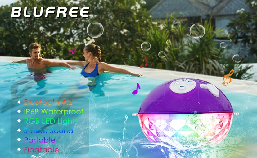 Blufree Floating Pool Speakers with Colorful Lights, Bluetooth Wireless Pool Speaker Floatable IP68 Waterproof, Built-in Mic & Crystal Clear Sound Bluetooth Hot Tub Speaker for Pool Party Outdoors