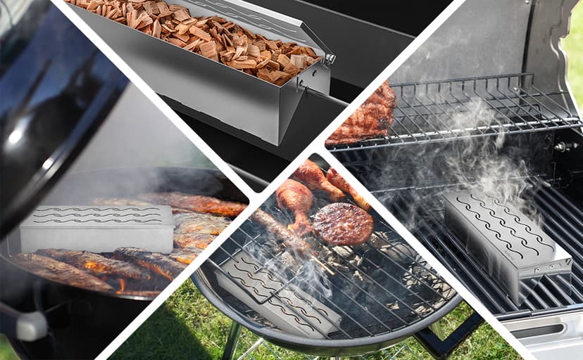 Skyflame Wood Chip Smoker Box, Stainless Steel Double V-shape BBQ Smoke Box with Hinged Lid for Charcoal & Propane Gas Grill, 12.5"(L) x 3.3"(W) x 2.5"(H), U.S. Design Patent