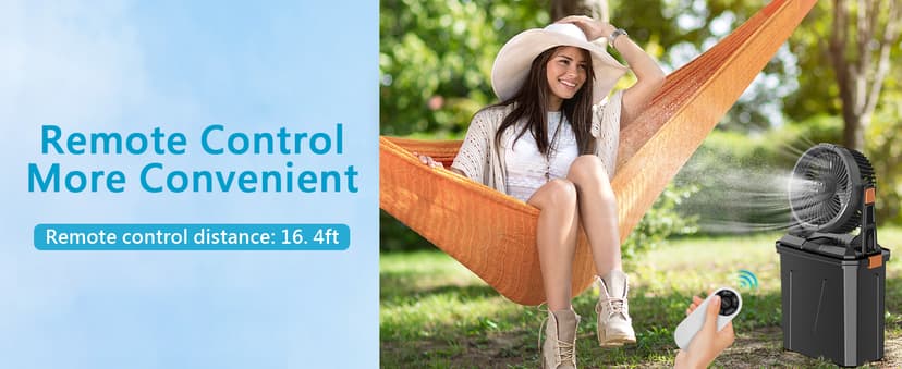 GHORA Portable Misting Fan with 9L Water Tank, 20000mAh Rechargeable Battery Camping Fan, Outdoor Cooling Fans for Patios with Remote & LED, 4 Speeds, 4 Spray Mister Modes, for Home, Outside