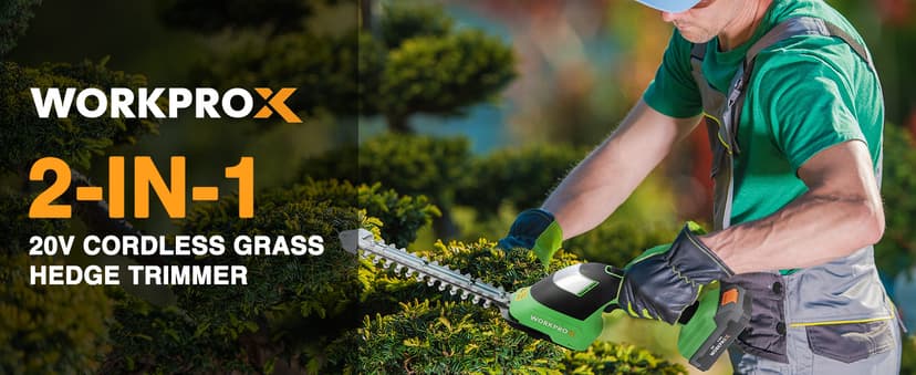 WORKPROX 20V Cordless Grass Shear & Shrubbery Trimmer - 2-in-1 Handheld Electric Grass Trimmer Hedge Shears/Grass Cutter, Rechargeable Lithium-Ion Battery and Type-C Cable Included