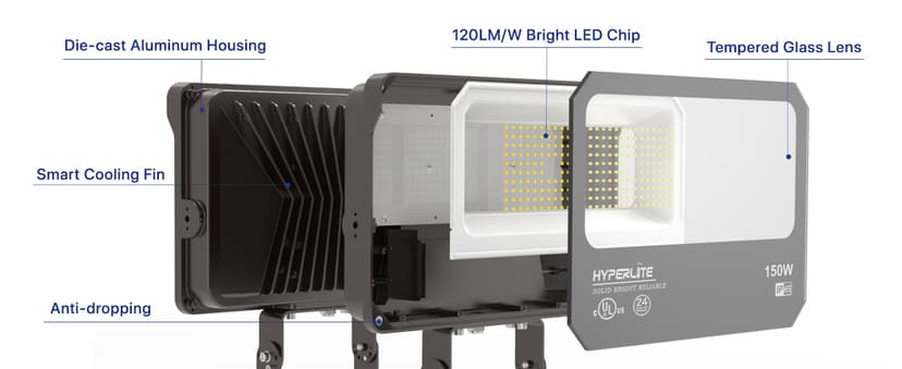 HYPERLITE LED Flood Light 150W 2 Pack 18000LM 5000K Daylight IP65 Waterproof Outdoor Floodlights UL Certified for Court,Garden,Warehouse