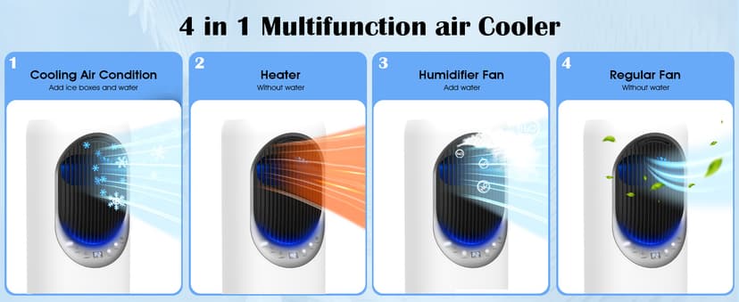 4 IN1 Evaporative Air Cooler, Swamp Cooler with 4L Water Tank, Tower Fan with Humidification, Fan and Heater Combo, 120°Oscillating, Remote, 12H Timer, 2 Ice Packs (Panel-Crescent)