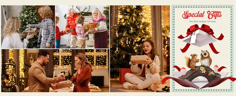 Solar Owl Garden Statues Outdoor Decor Resin Owl Squirrel Figurine with Mushroom Lights for Patio Lawn Yard Decorations Christmas Housewarming Gardening Gifts for Women Mom