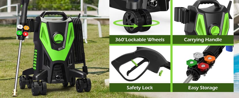 Electric Pressure Washer - 4500PSI 3.0GPM Power Washer with 500ML Foam Cannon, 4 Nozzle Tips, with 4-Wheel Anti-Tip Technology, 360° Swivels High Pressure Cleaning Machine for Cars, Driveways, Patios