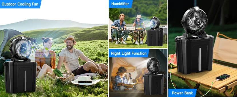 Portable Misting Fan - 11L Bucket, 20000mAh Rechargeable Battery Powered Fans for Patios, Outdoor Fans with Night Light, 3 Wind Speed & 4 Spray Mister Camping Cooling Fan, Waterproof Design