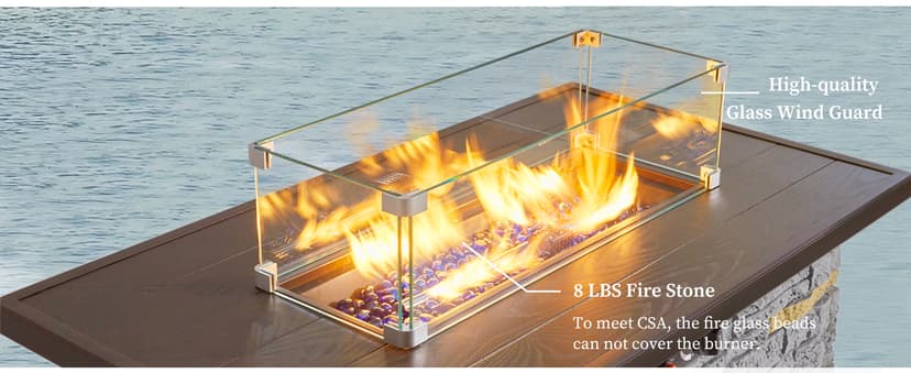43" Propane Fire Pit Table Outdoor Rectangular Stone Firepit Table 50000 Btu Propane Fire Tables for Outside Patio with Glass Wind Guard, Lid, Fire Glass Beads, Pizzello Caldo (Gray Stone)